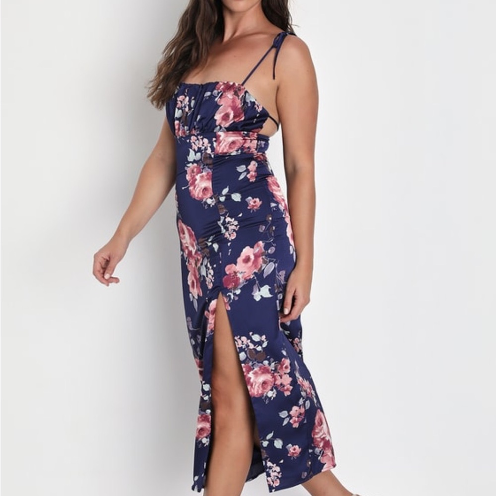 LULUS Fleur-ty Behavior Navy Blue Floral Satin Tie-Strap Midi Dress